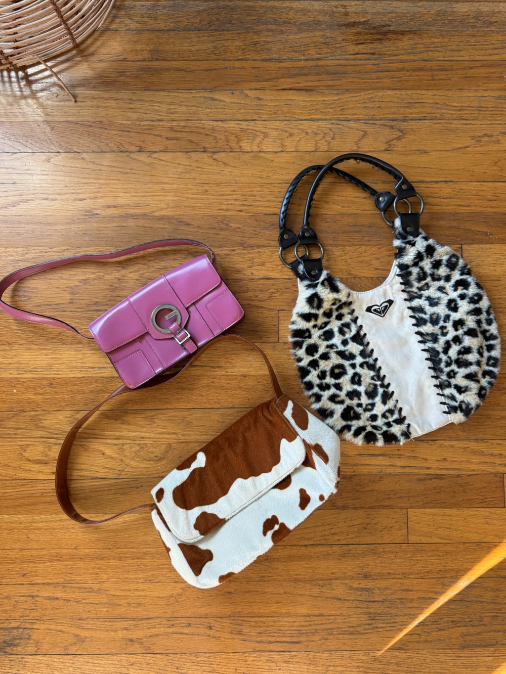 Vintage Purse Bundle — Roxy Leopard Print, Guess Pink, and Mondani Cowprint